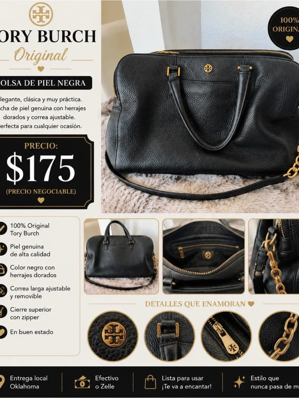 Tory Burch Black Pebbled Leather Satchel with Gold Hardware